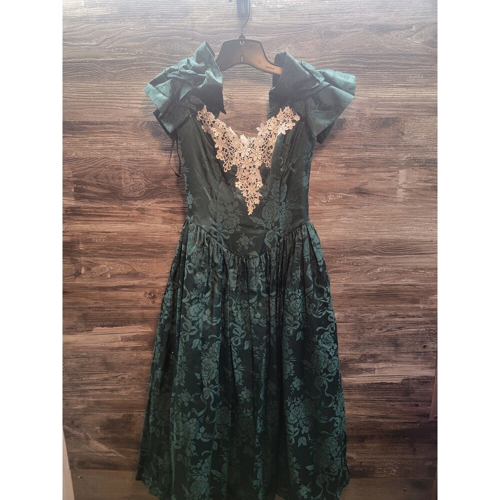 VTG 80s Jessica McClintock Bridal Prom Dress Emerald Green Brocade Puff Sleeve 5
